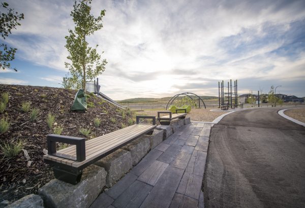 Summer in a playground in Sirocco, Southwest Calgary featuring trees, wooden benches and park equipment for kids.