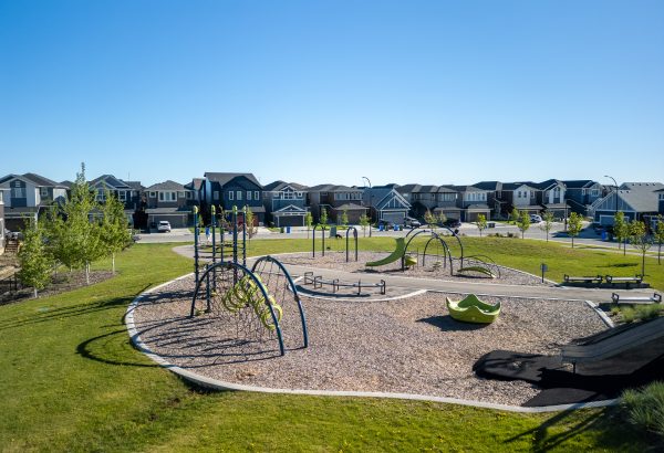 Sunny summer playground in Sirocco, Southwest Calgary featuring equipment, trees, and homes.